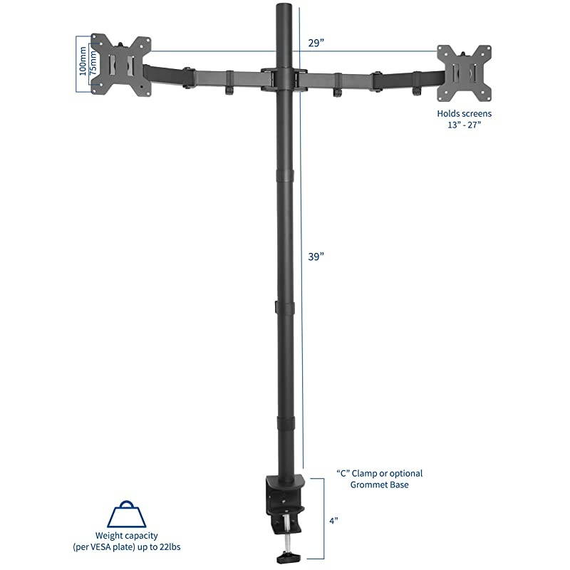 Dual Monitor Stand Up Desk Mount Extra Tall 39 inch Pole | Fully Adjustable Stand for up to 27 inch Screens STANDV012