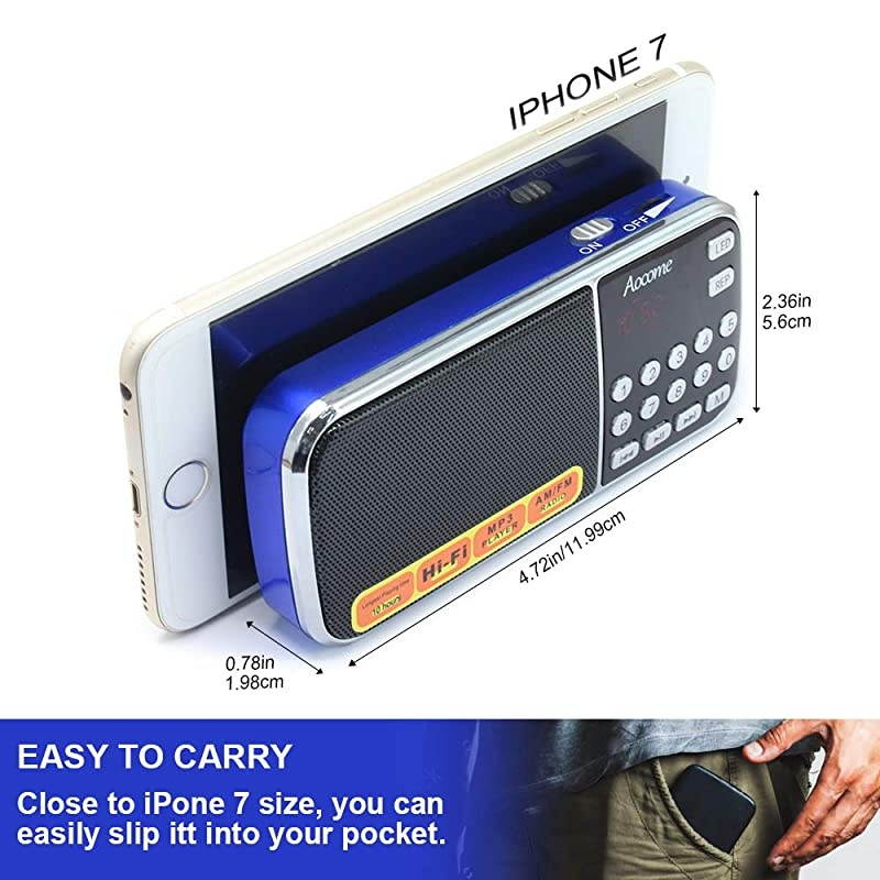 FM Portable Pocket Radio Battery Operated - with Best Reception. FM Compact USB Rechargeable Radios Music Player Support Micro SD/TF Card Slot (Blue)