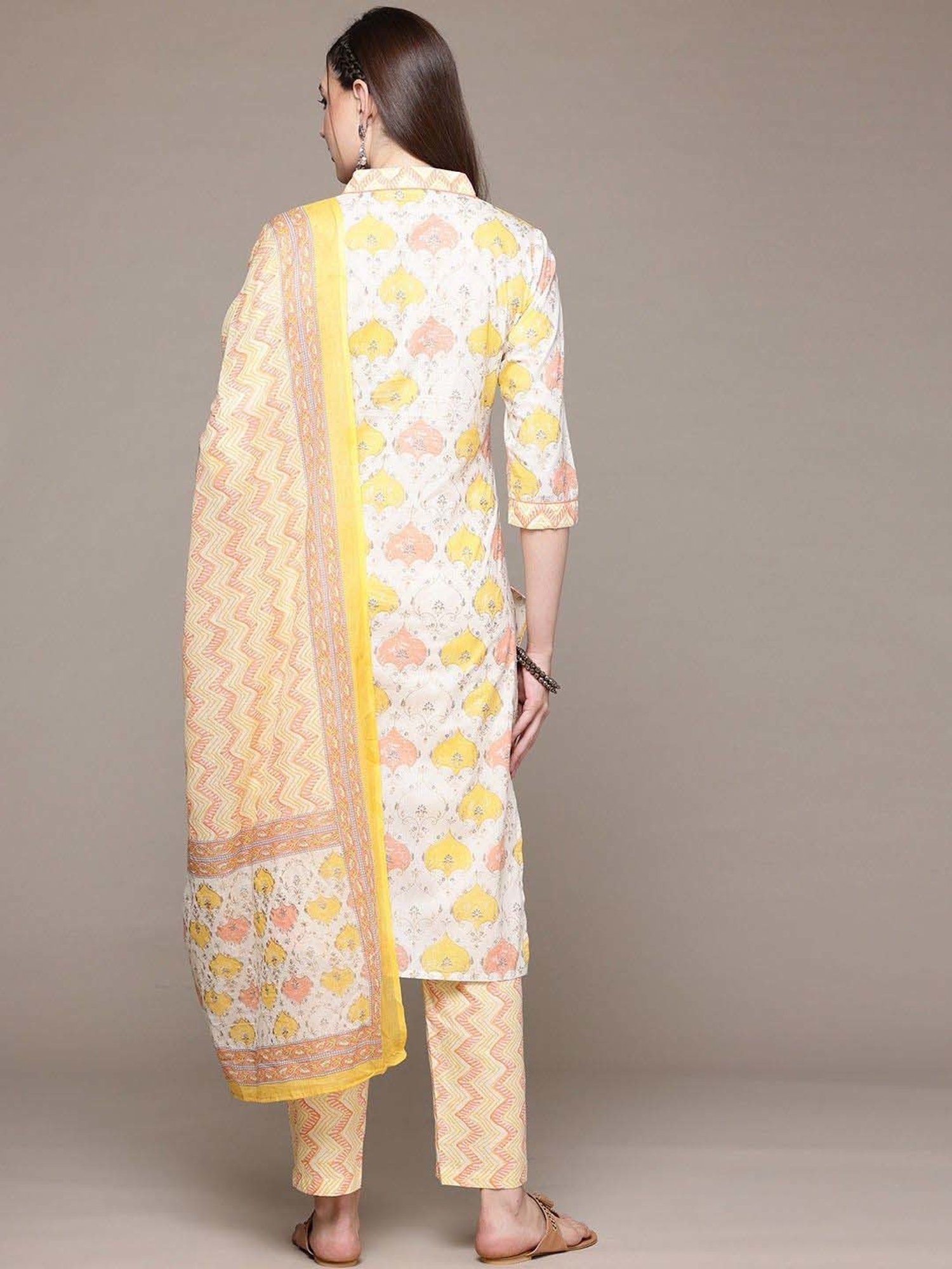 READIPRINT FASHIONS Beige Cotton Printed Kurta Pant Set With Dupatta