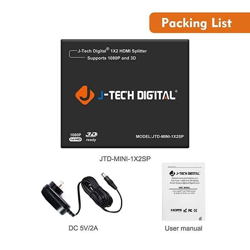 JTD-MINI-1x2SP 2 Port Powered Hdmi Super Mini Splitter for Full Hd with 3D Capability, 1X2 1080P@60HZ