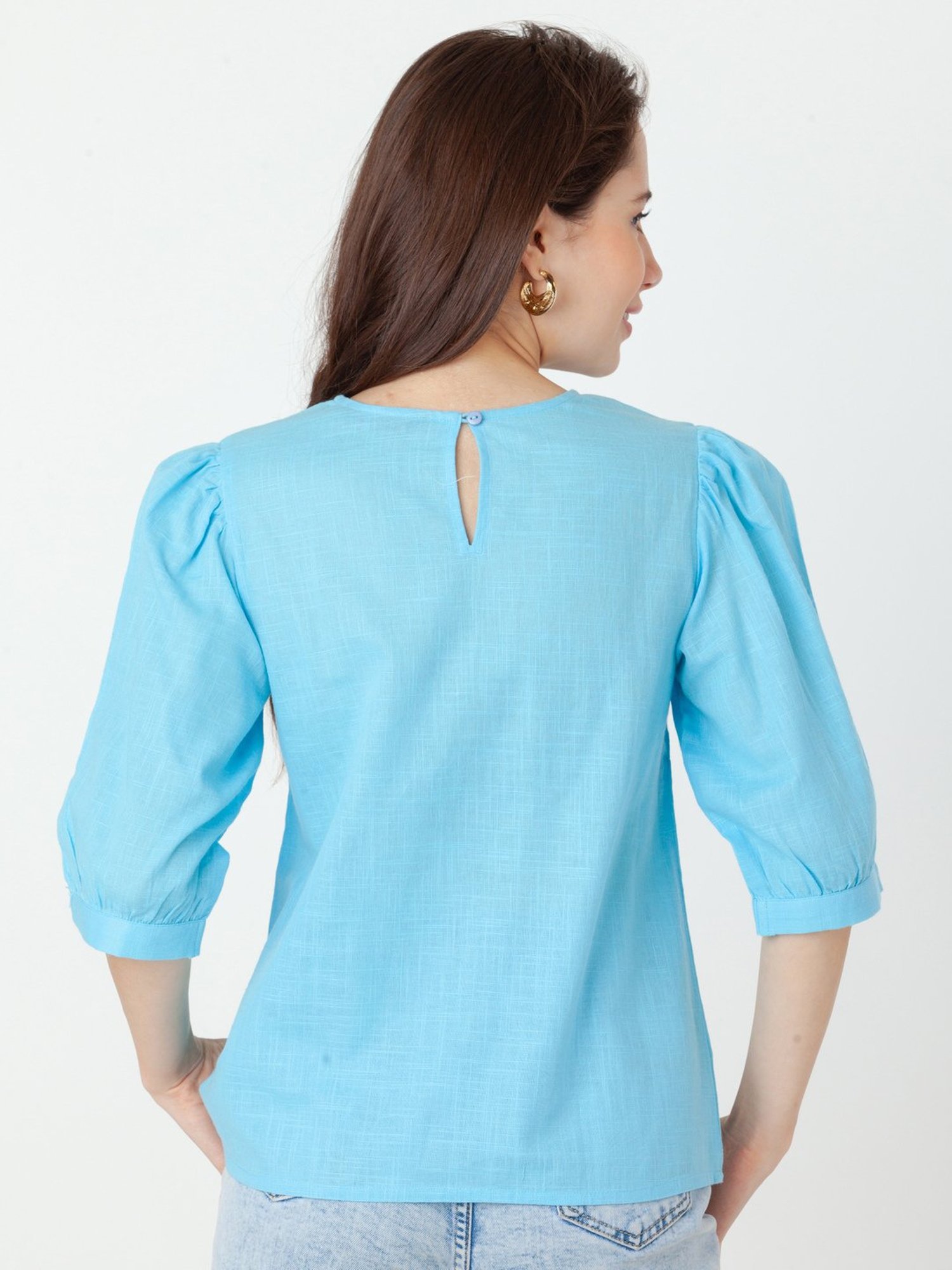 Zink London Sky Blue Cotton Regular Fit Top