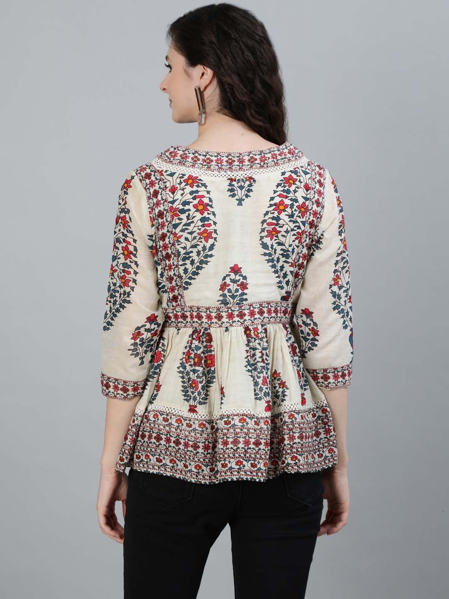 Ishin Beige Pure Cotton Embellished Top