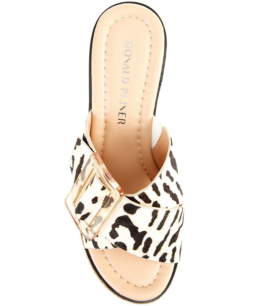 Donald Pliner Illiad Leopard Print Calf Hair Buckled Cork Wedge Slides