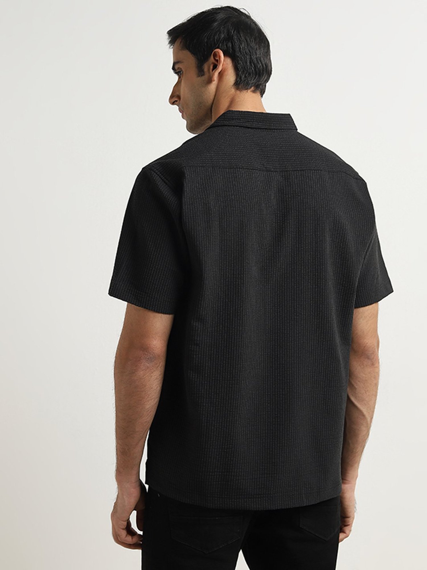 Ascot by Westside Black Striped Ribbed Relaxed-Fit Shirt