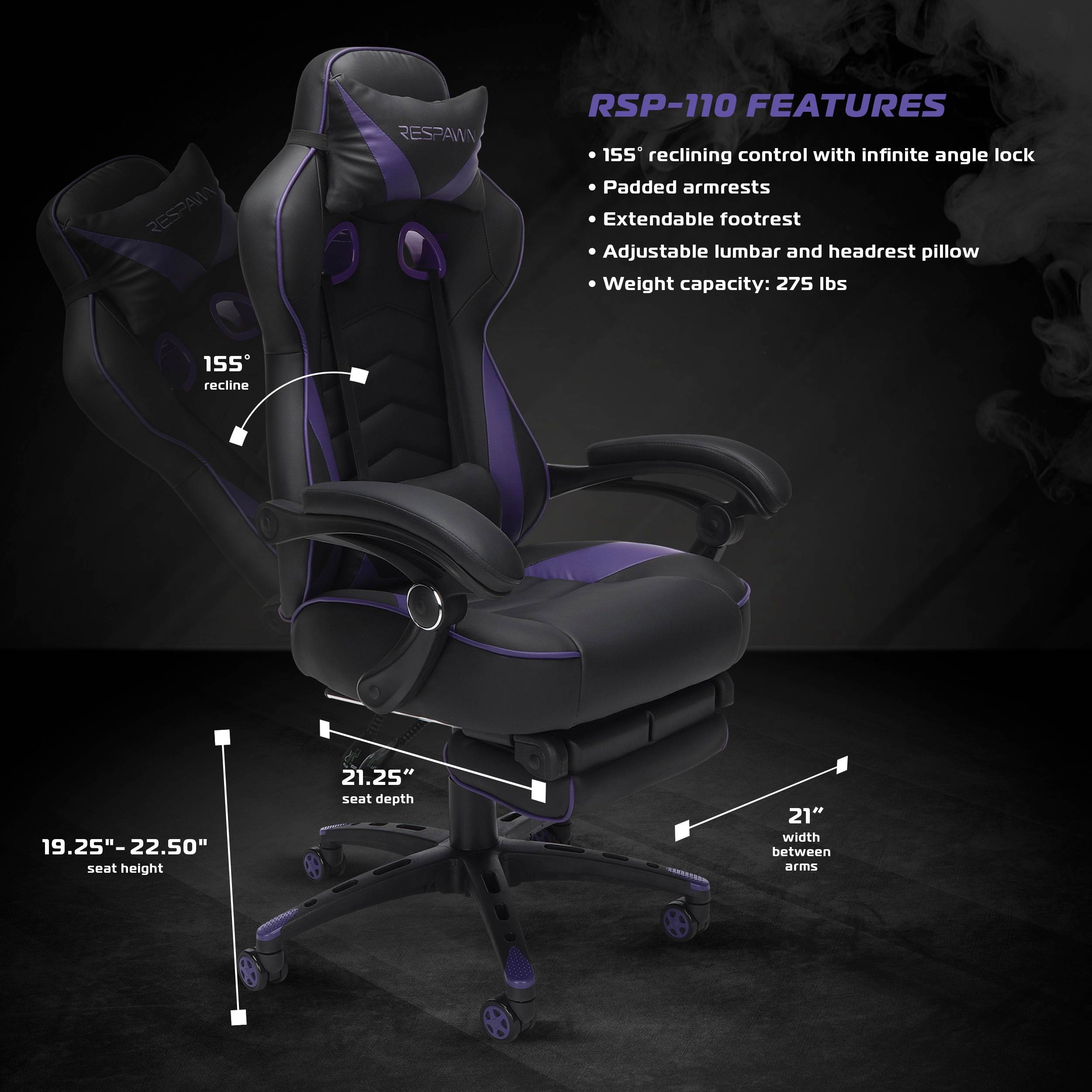 RESPAWN 110 Racing Style Gaming Chair, Reclining Ergonomic Leather Chair with Footrest, in White (RSP-110-WHT)