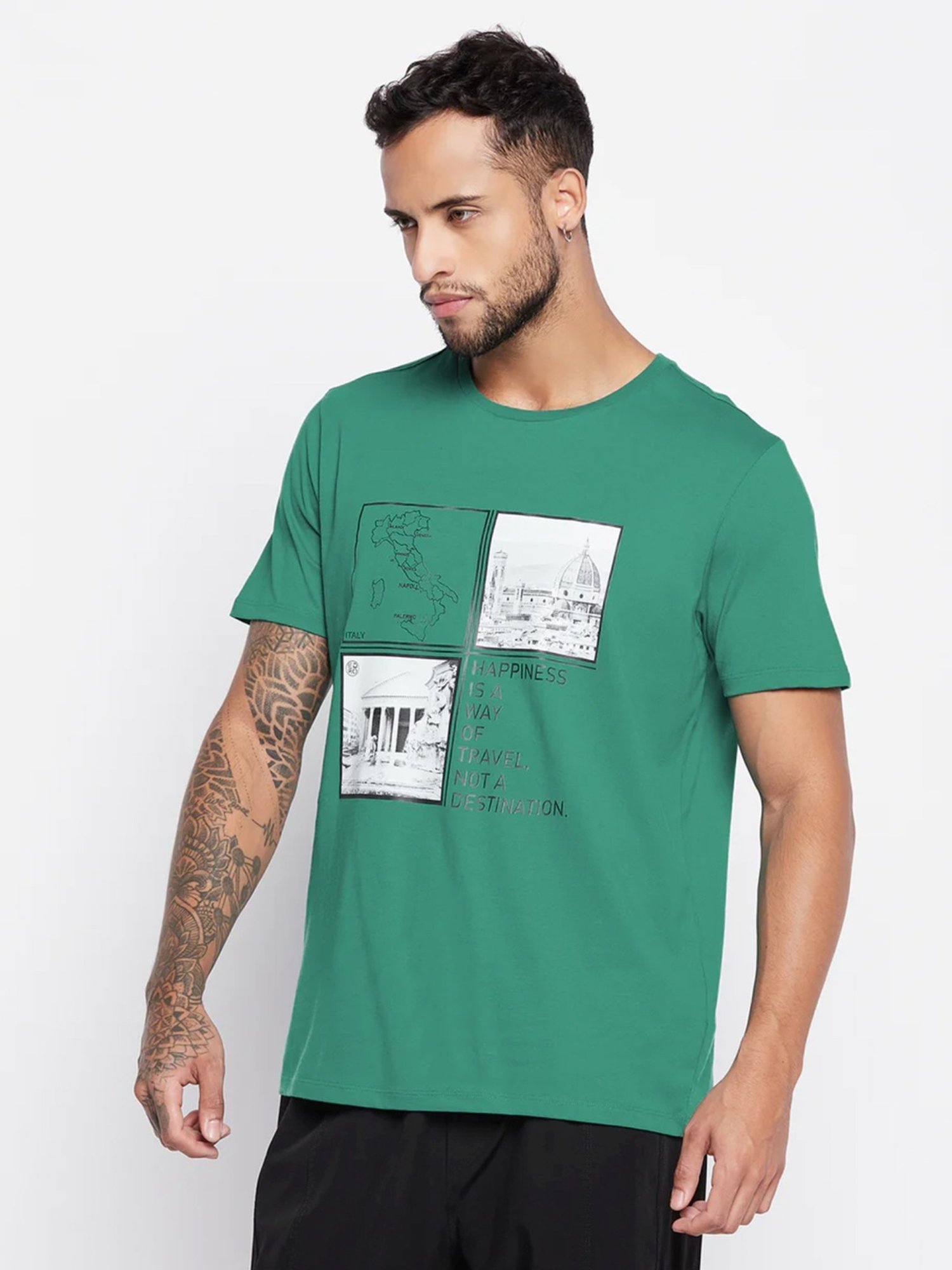 Edrio Green Cotton Relaxed Fit Printed T-Shirt
