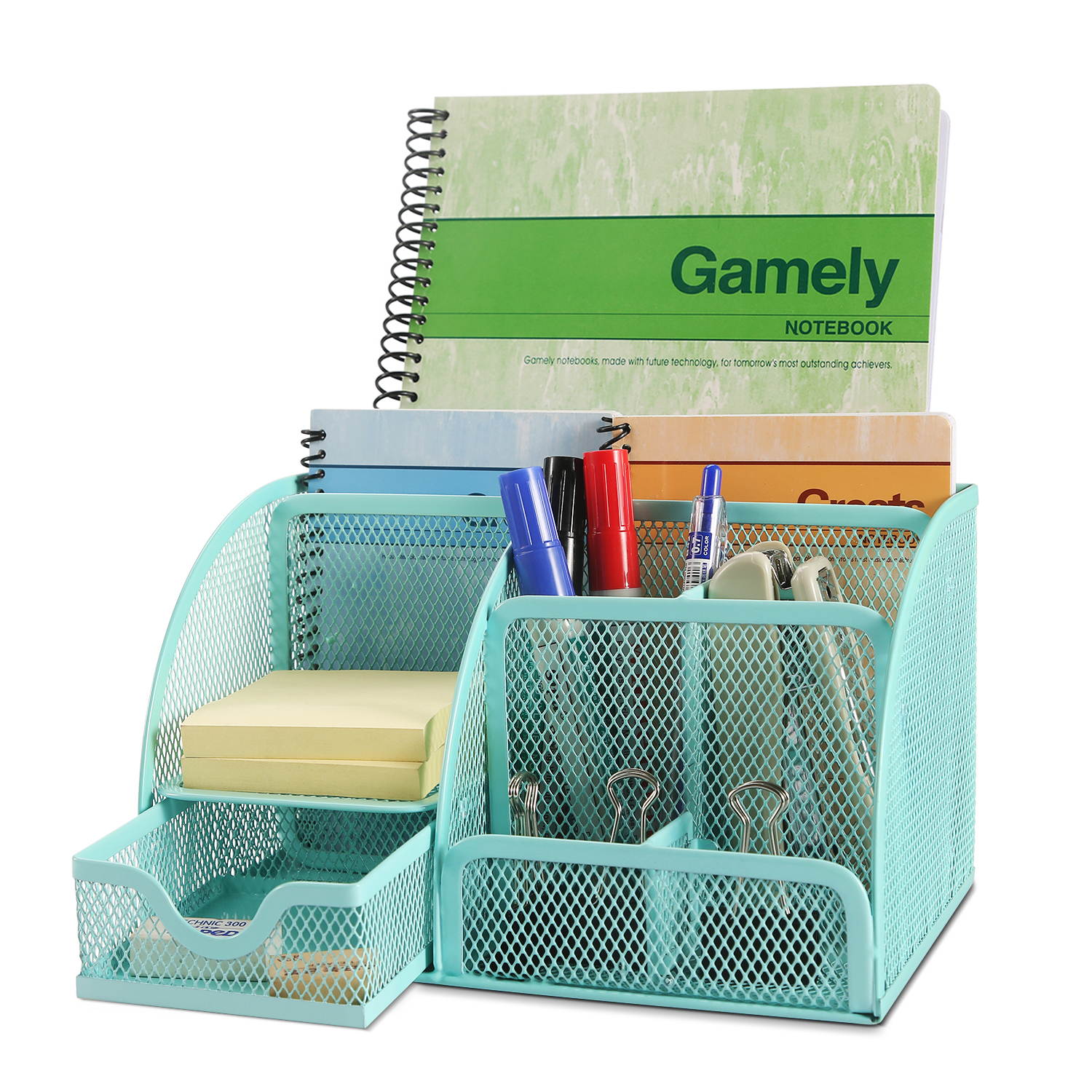 Desk Organizer Office Supplies Accessories Desktop Tabletop Sorter Shelf Pencil Holder Caddy Set - Metal Mesh with Drawer and 6 Compartments (Turquoise/Aqua)