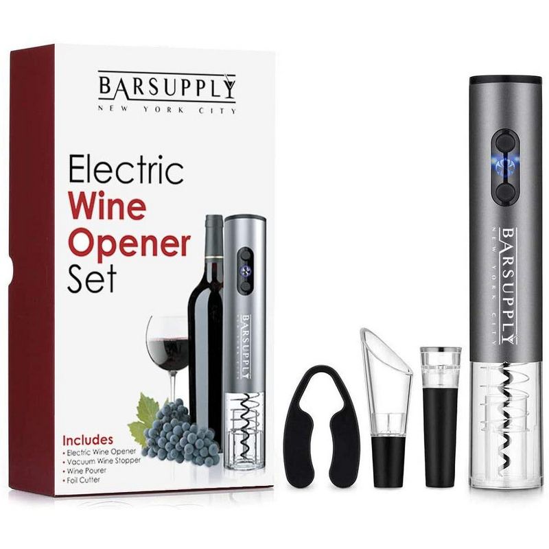 Electric Wine Bottle Opener 4 Piece Set Automatic Corkscrew Wine Opener, Includes Foil Cutter, Wine Pourer, Vacuum Pump Stopper, Battery Operated, Stainless Steel, Gift Box Set