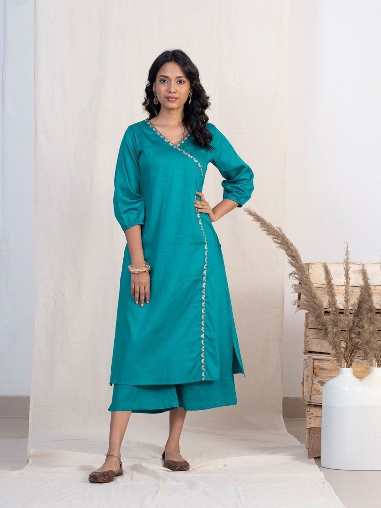 Akiso Jashn Blue Angrakha Embroidery Kurta Set With Plazzo And Pink Dupatta