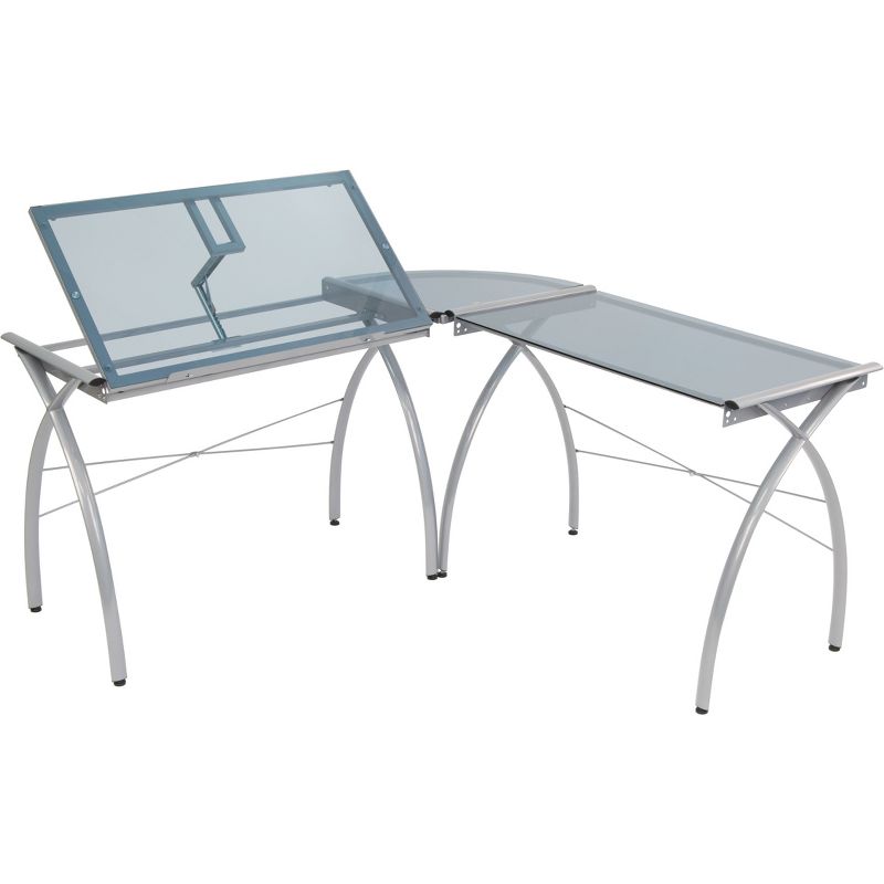 Futura L-Shaped Desk with Adjustable Top - Silver/Blue Glass
