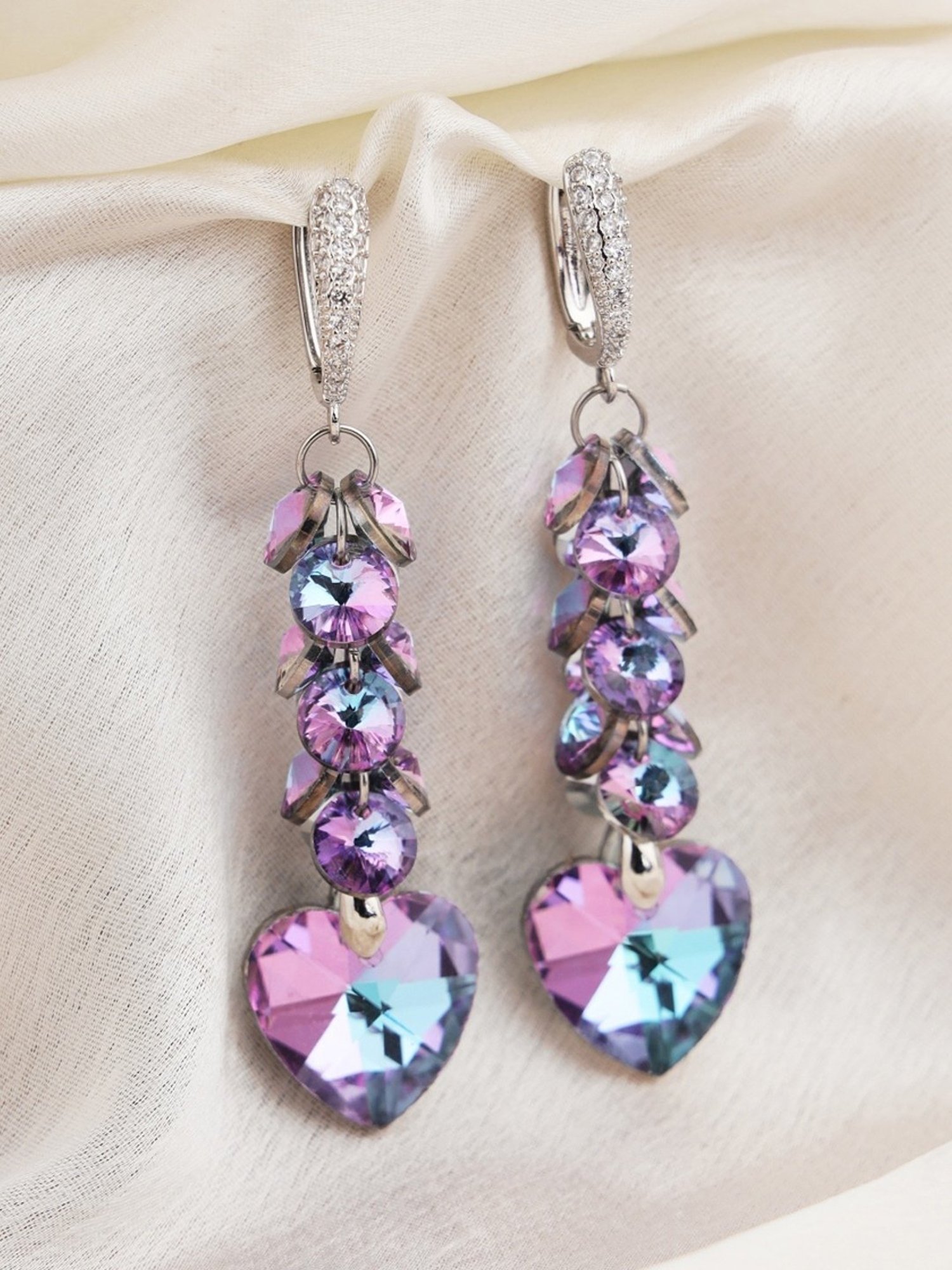 Prita by Priyaasi Purple Heart Studded Long Silver-Plated Dangler Earrings