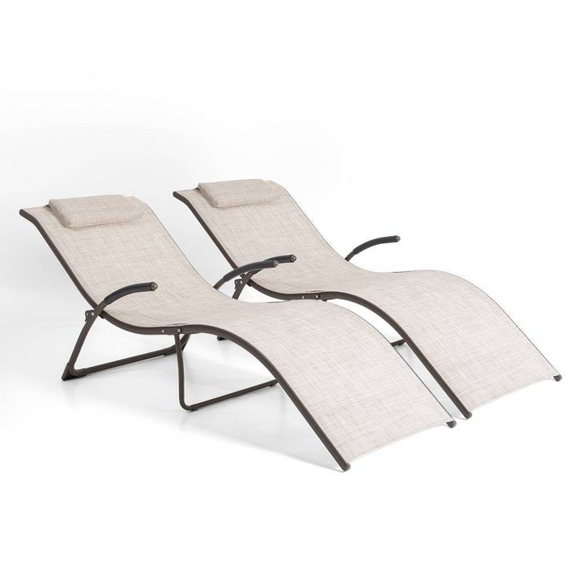 2pc Outdoor Portable Reclining Chaise Lounge Chairs - Beige - Crestlive Products