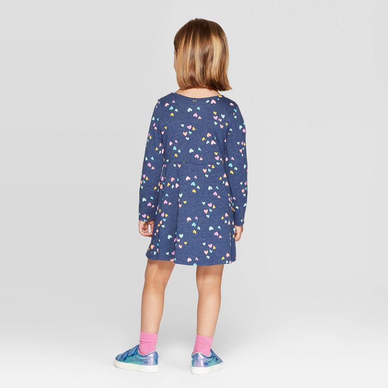 Toddler Girls' Long Sleeve Heart Print Knit Dress - Cat & Jack™ Navy 5T
