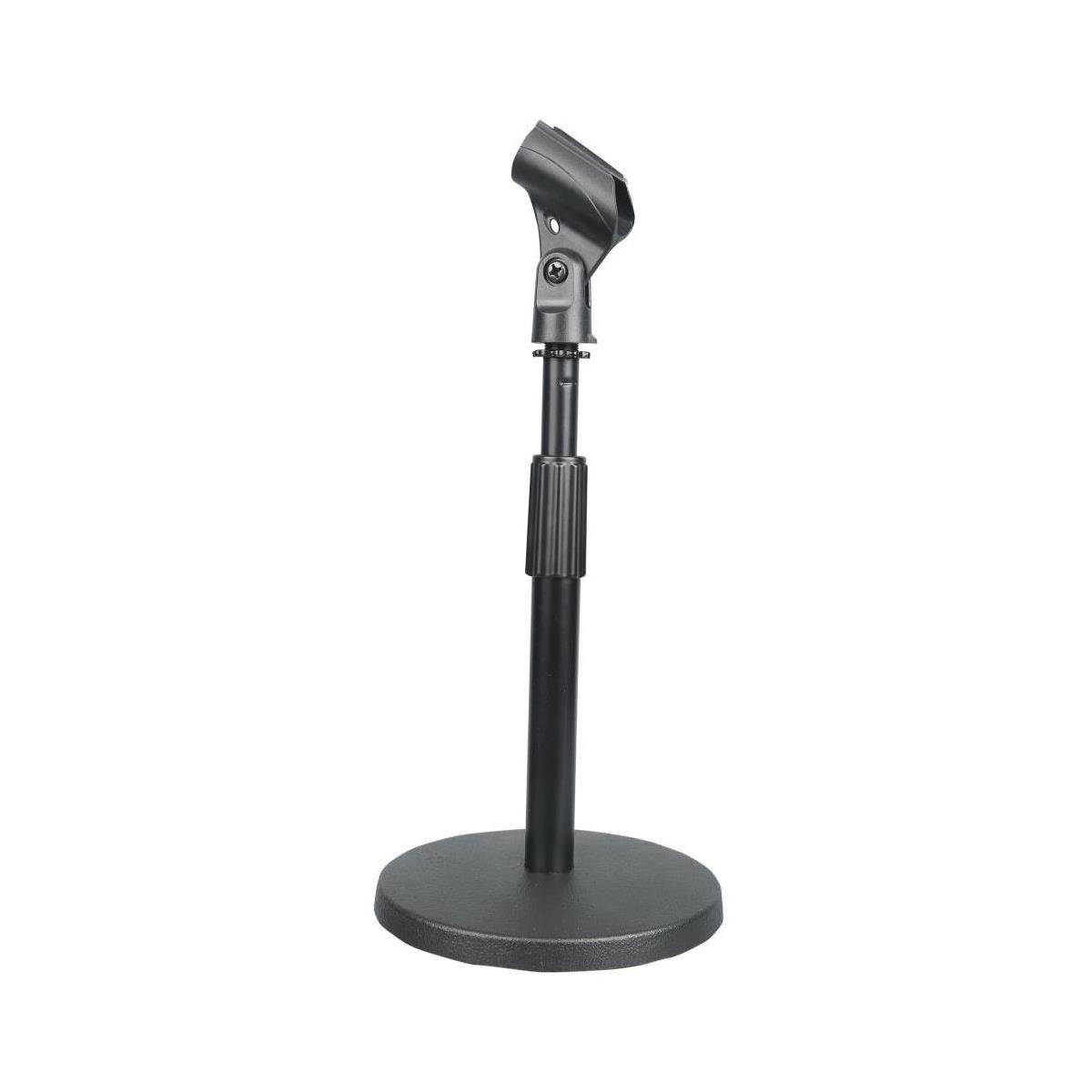 pyle compact tabletop microphone stand  mini desktop mount w/ height adjustment 9'' to 13'' high and universal m6 mic holder  solid round base for home or studio use w/ lock tight clamp pmksdt40