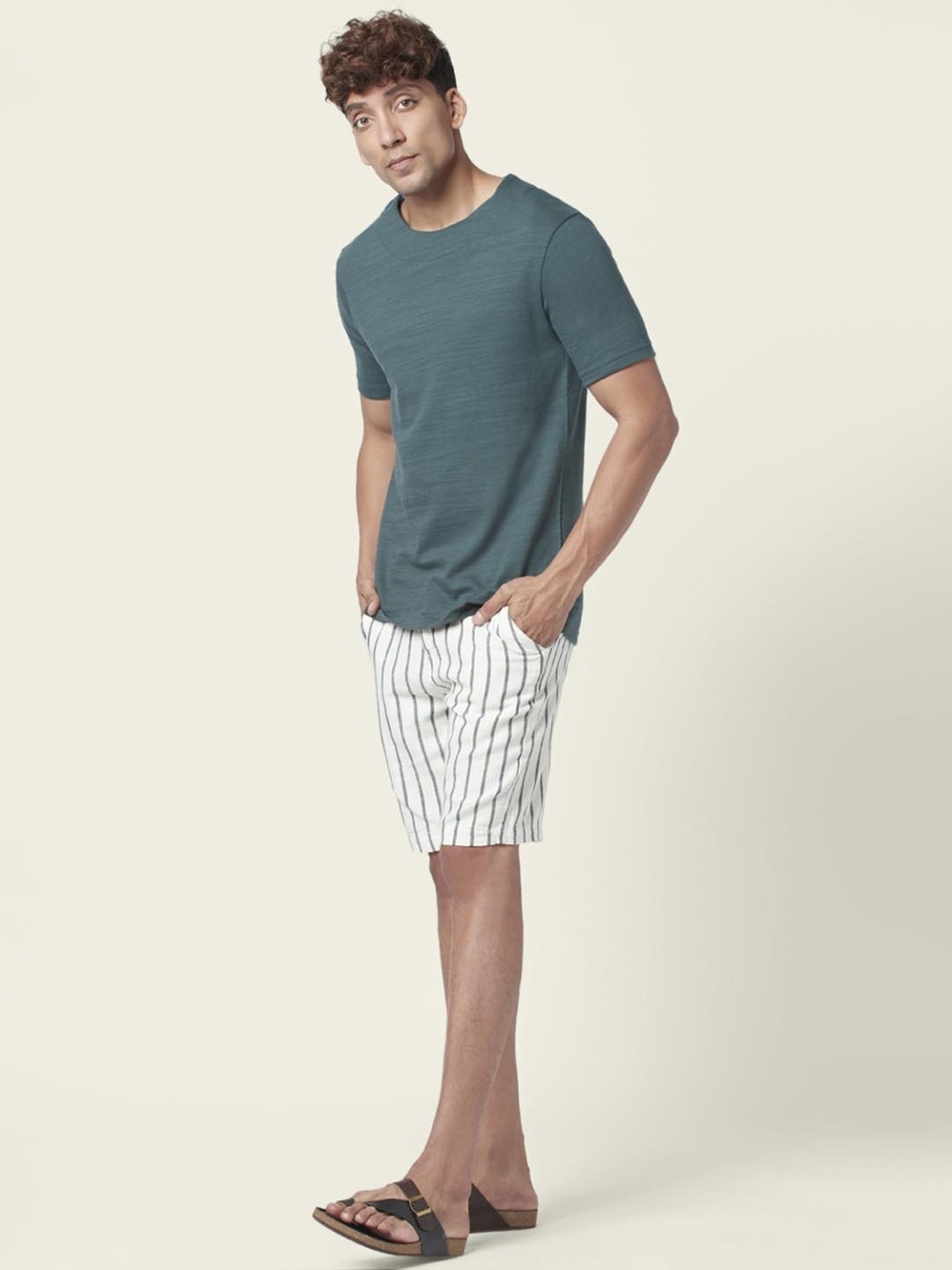 7 Alt by Pantaloons Forest Green Cotton Relaxed Fit Self Pattern T-Shirt