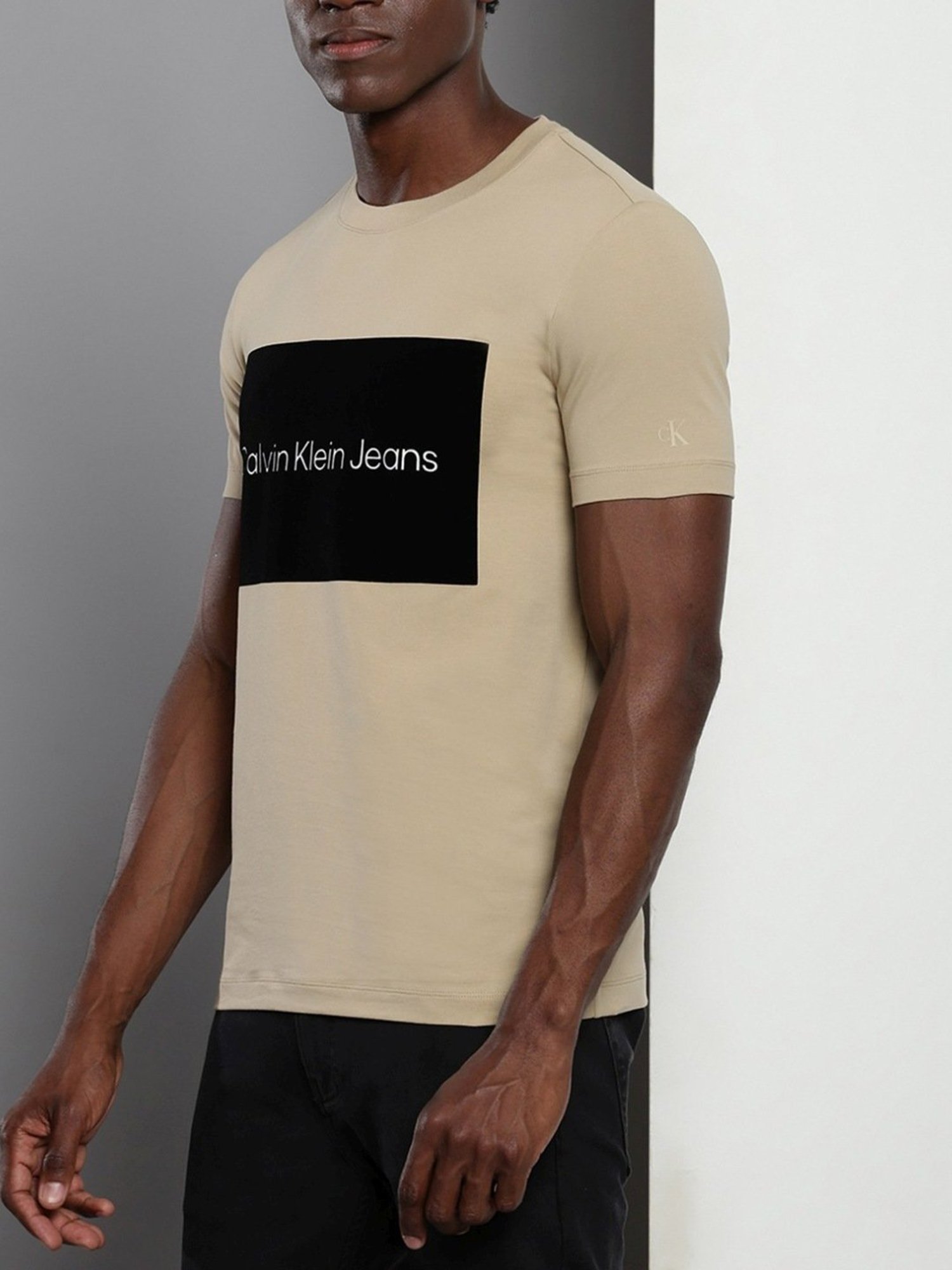 Calvin Klein Travertine Cotton Slim Fit Colour Block T-Shirt