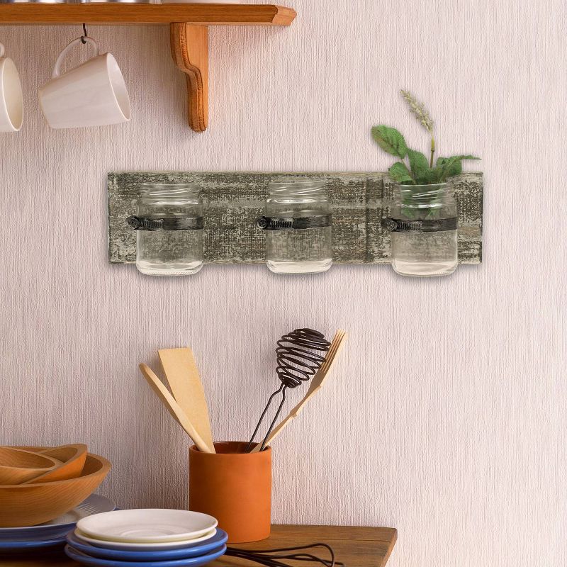 15.7" x 3.7" Rustic Wooden Wall Decor with 3 Glass Jars Worn White/Brown - Stonebriar Collection