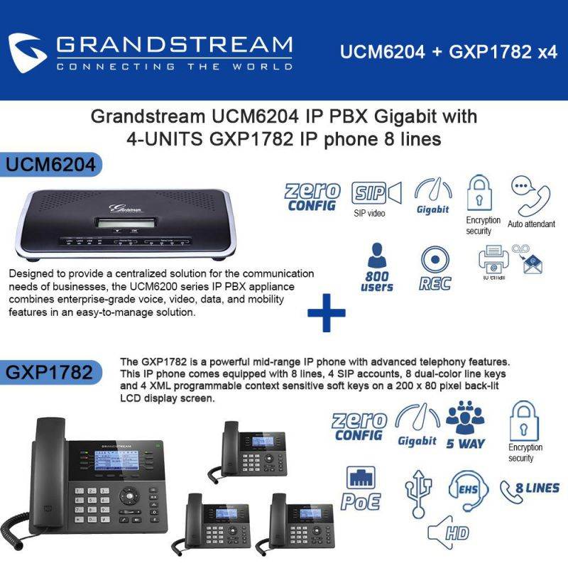 Grandstream UCM6204 IP PBX Gigabit with 4-UNITS GXP1782 IP phone 8 lines