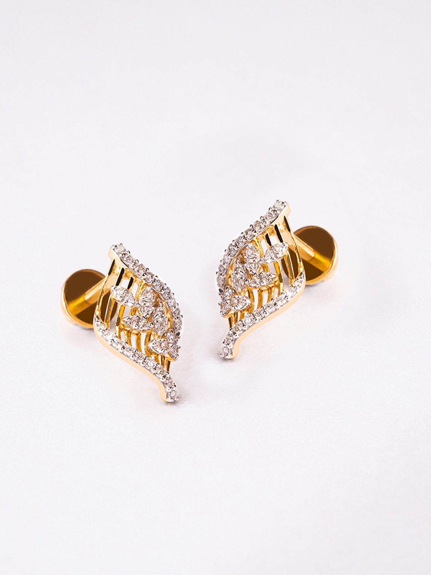 P.N.Gadgil Jewellers 14k Gold Twisted Leaf Stud Diamond Earrings For Women