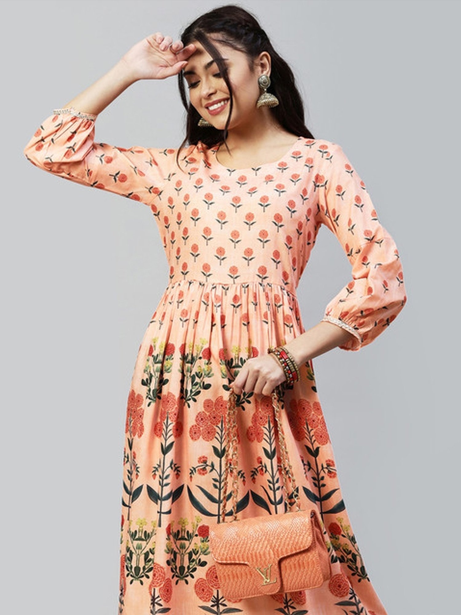 Skylee Peach Floral Print A-Line Dress