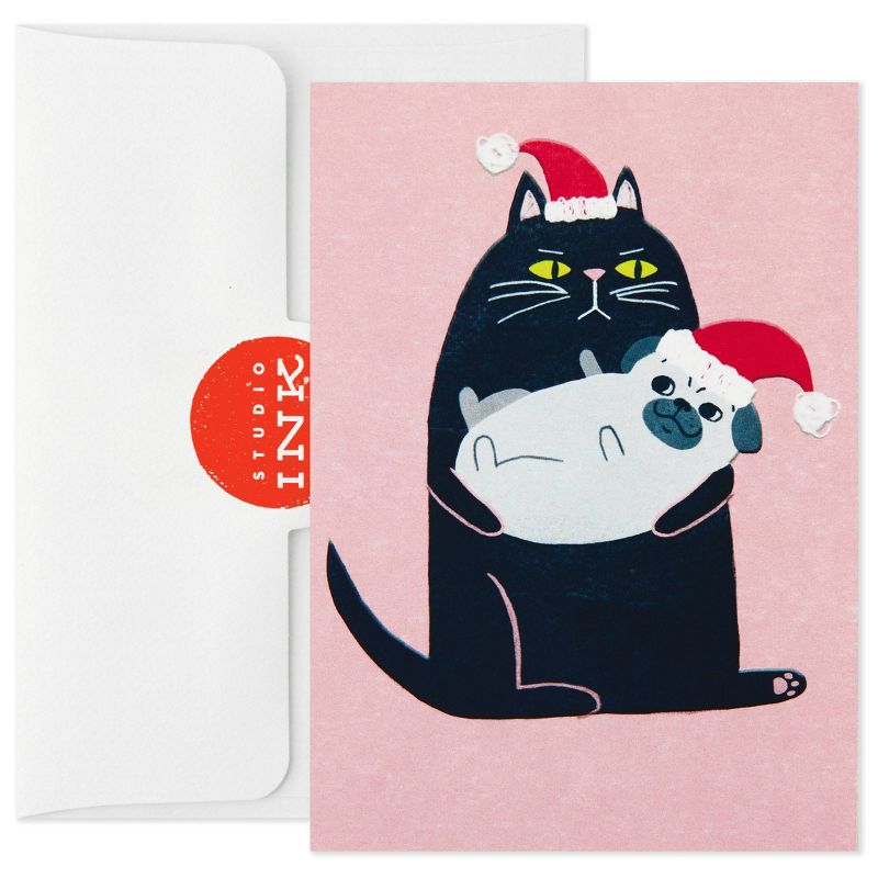 8ct Hallmark Studio Ink Cat with Pug in Santa Hat Boxed Cards