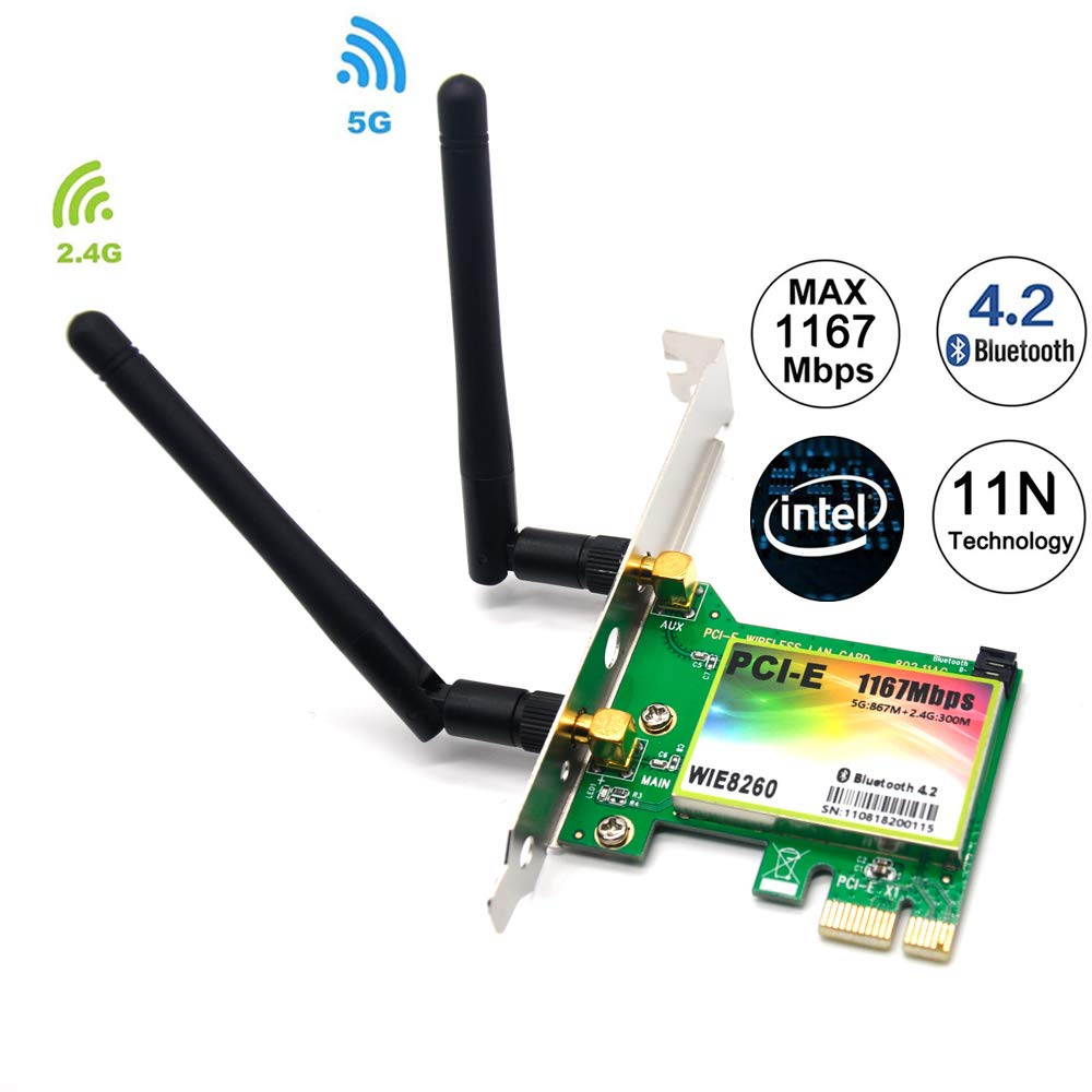 AC1200 PCIe WiFi Card Adapter, 1200Mbps Dual band Wireless Network Card, Bluetooth 4.2, IEEE 802.11ac,Low Profile, Long Range, 2.4G/5G Dual Band Wireless PCI Express Adapter, 2 x 6dBi Antenna