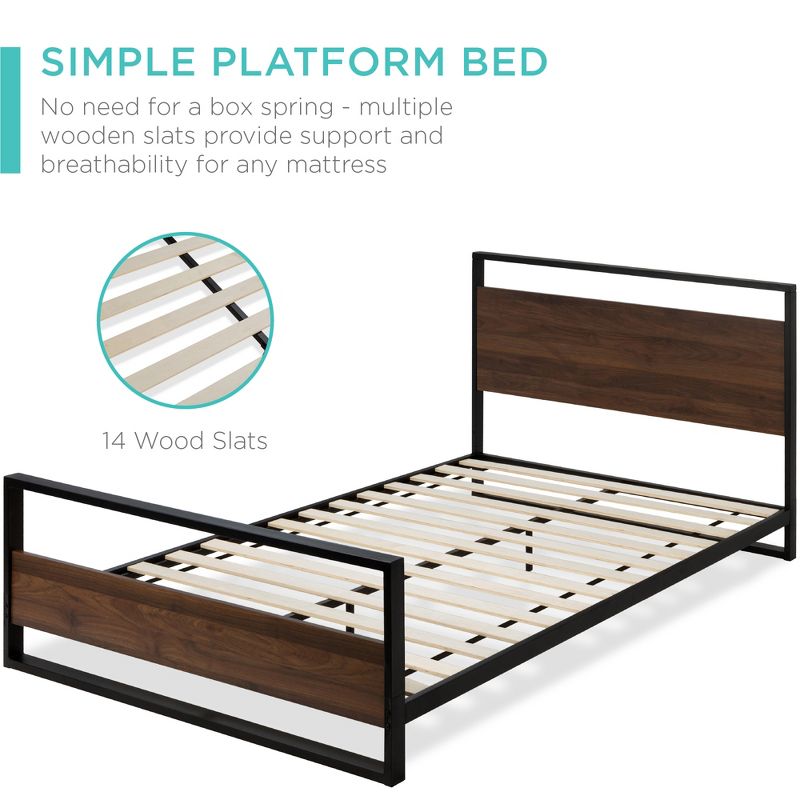 Best Choice Products Metal Wood Platform Queen Bed Frame w/ Wood Slats, Headboard, Footboard, 660lb Cap - Black/Brown