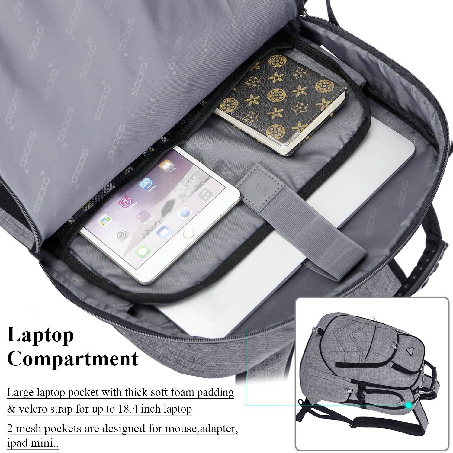 Jansicotek SOCKO 17.3 Inch Shockproof Laptop Backpack with USB Port / Roomy Lightweight Water Resistant Business Travel Bag / Multi-functional Casual Daypack Bookbag School Bag College Back Pack,Gray