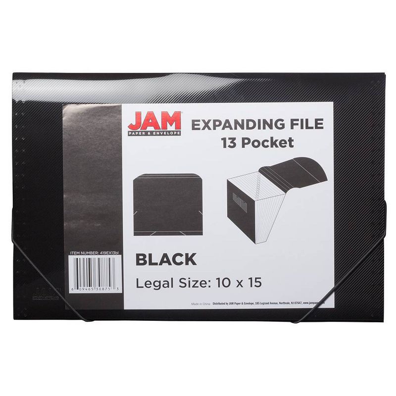 JAM Paper 10" x 15" 13 Pocket Plastic Expanding File Folder - Legal Size - Black