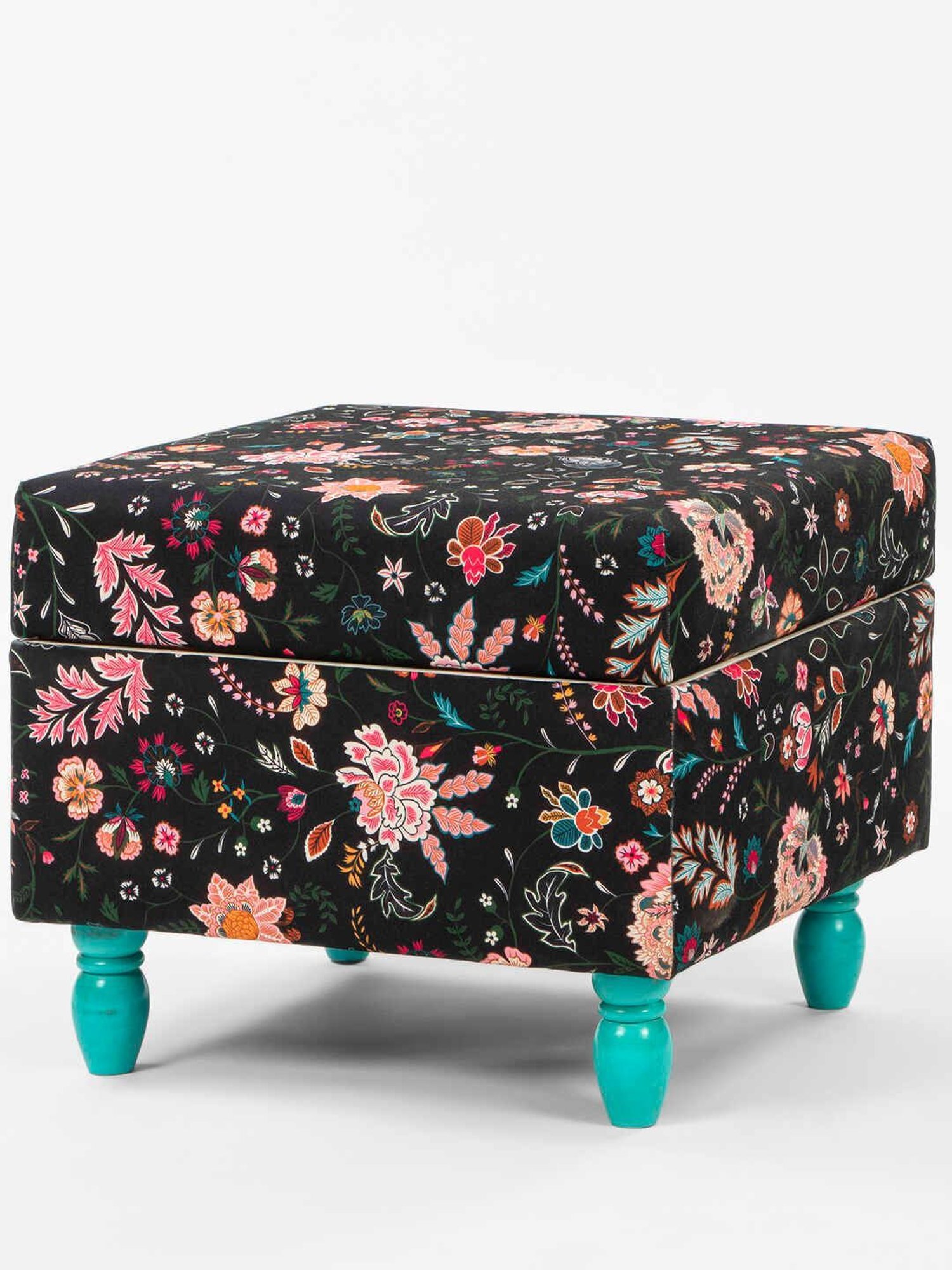 Chumbak Bohemian Floral Black Sheesham Wood Modern Trunk Storage Ottoman