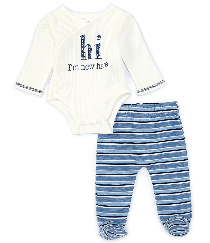 Mud Pie Boy Boys Newborn-3 Months Long-Sleeve Hi I'm New Here Bodysuit & Striped Footed Pants Set