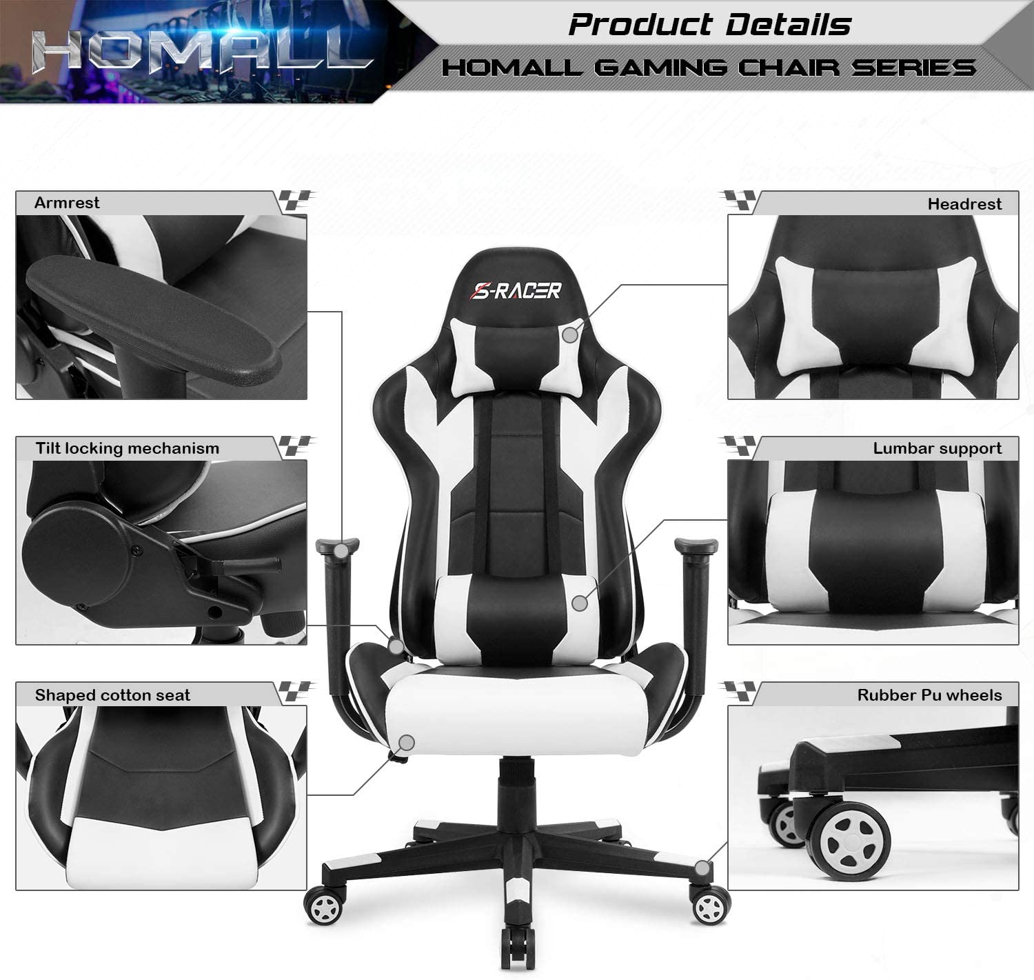 Homall Gaming Chair Office Chair High Back Computer Chair PU Leather Desk Chair Racing Executive Ergonomic Swivel Task Chair, Seat Height Adjustable, with Headrest and Lumbar Support (Blue)