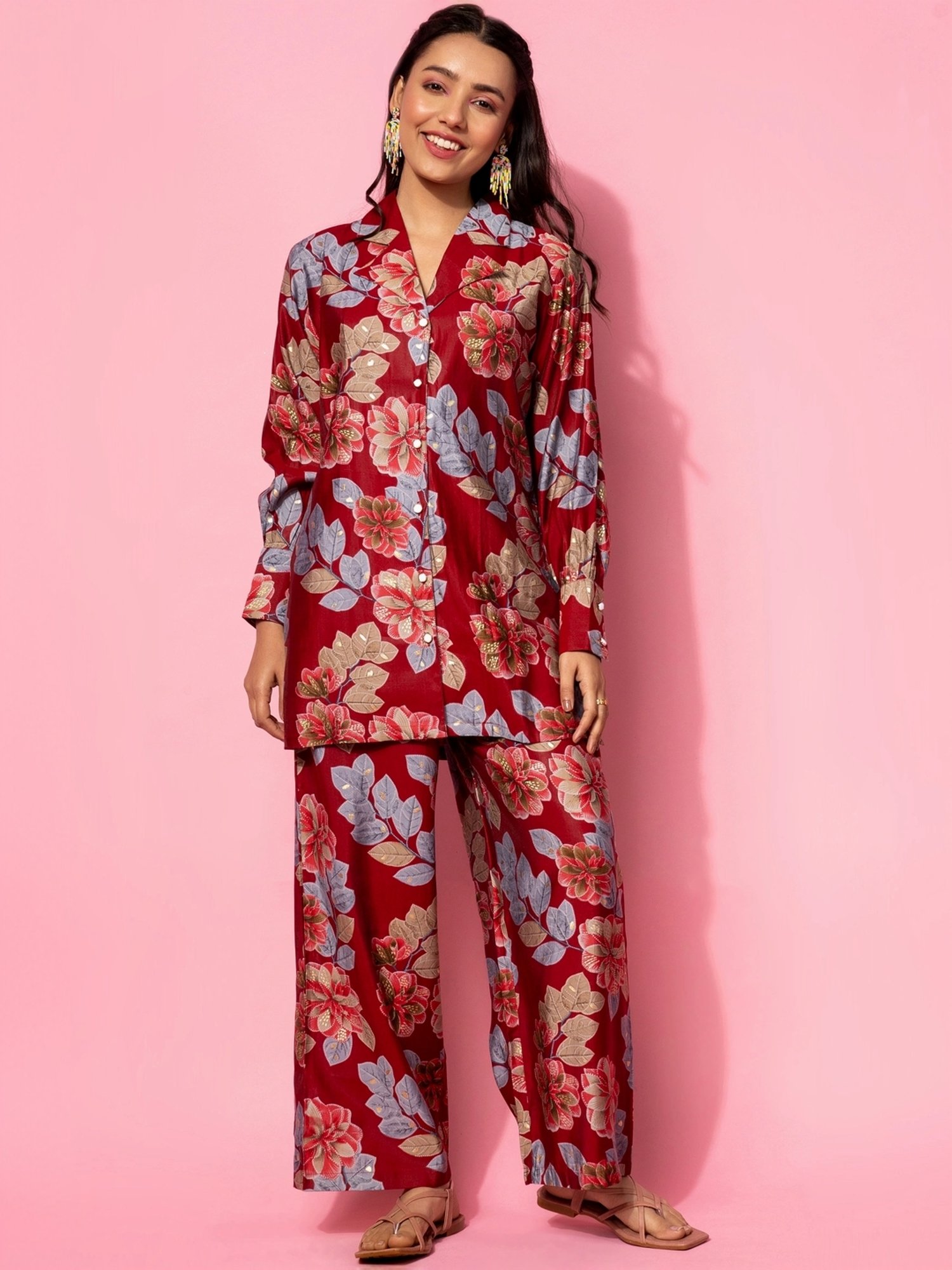 Libas Maroon Printed Silk Blend Co-Ords
