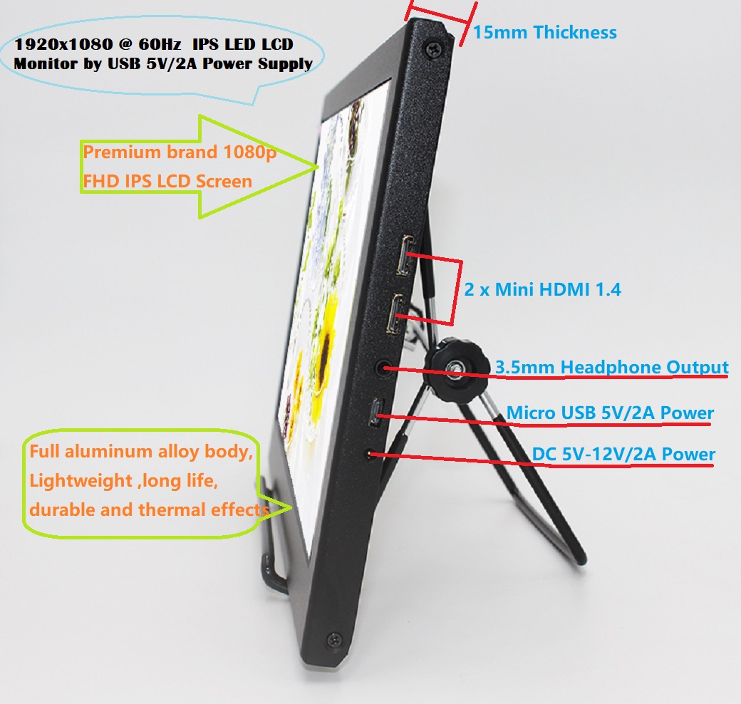 11.6" 1920x1080 60Hz Full HD Portable Lightweight 1080p IPS LED LCD Monitor with Mini HDMI x 2 / 3.5mm Headphone / Micro USB Ports, 5V 2A USB / DC Power Supply, Dual Built-in Speaker.