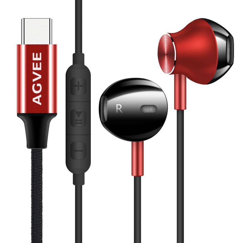 AGVEE Digital USB-C Headphones, Type-C Eabuds Active Noise Cancelling in-Ear Earphones with Mic Wired 32Bit 384Khz for Samsung S21 S20, Note 20 10, iPad Pro 2020 2018, Pixel 5 4 3 2, Red