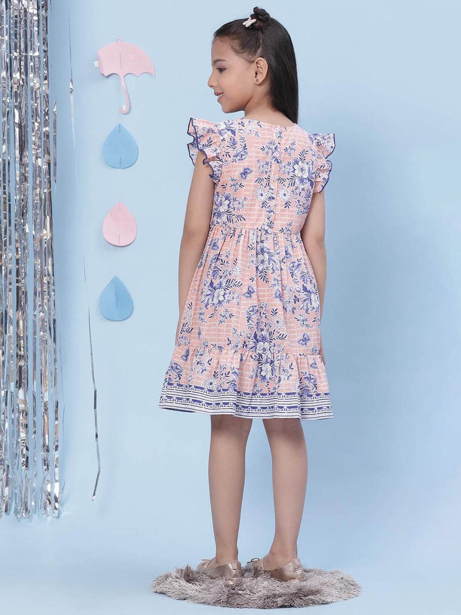 BIBA Girls Peach & Blue Printed Dress
