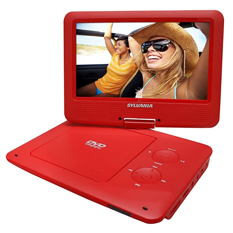 9-Inch Swivel Screen Portable DVD/CD/MP3 Player with 5 Hour Built-In Rechargeable Battery, USB/SD Card Reader, AC/DC Adapter, Red