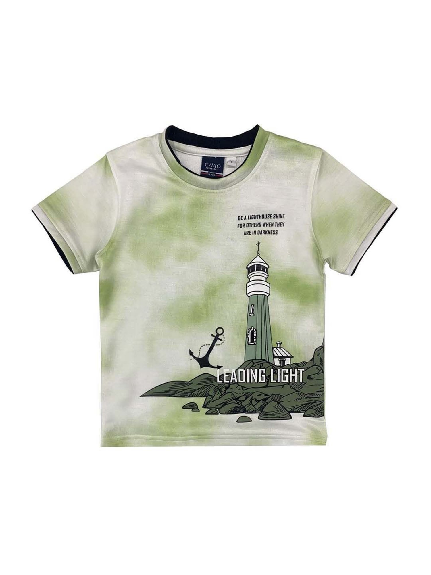 Cavio Boys Green & White Cotton Printed T-Shirt