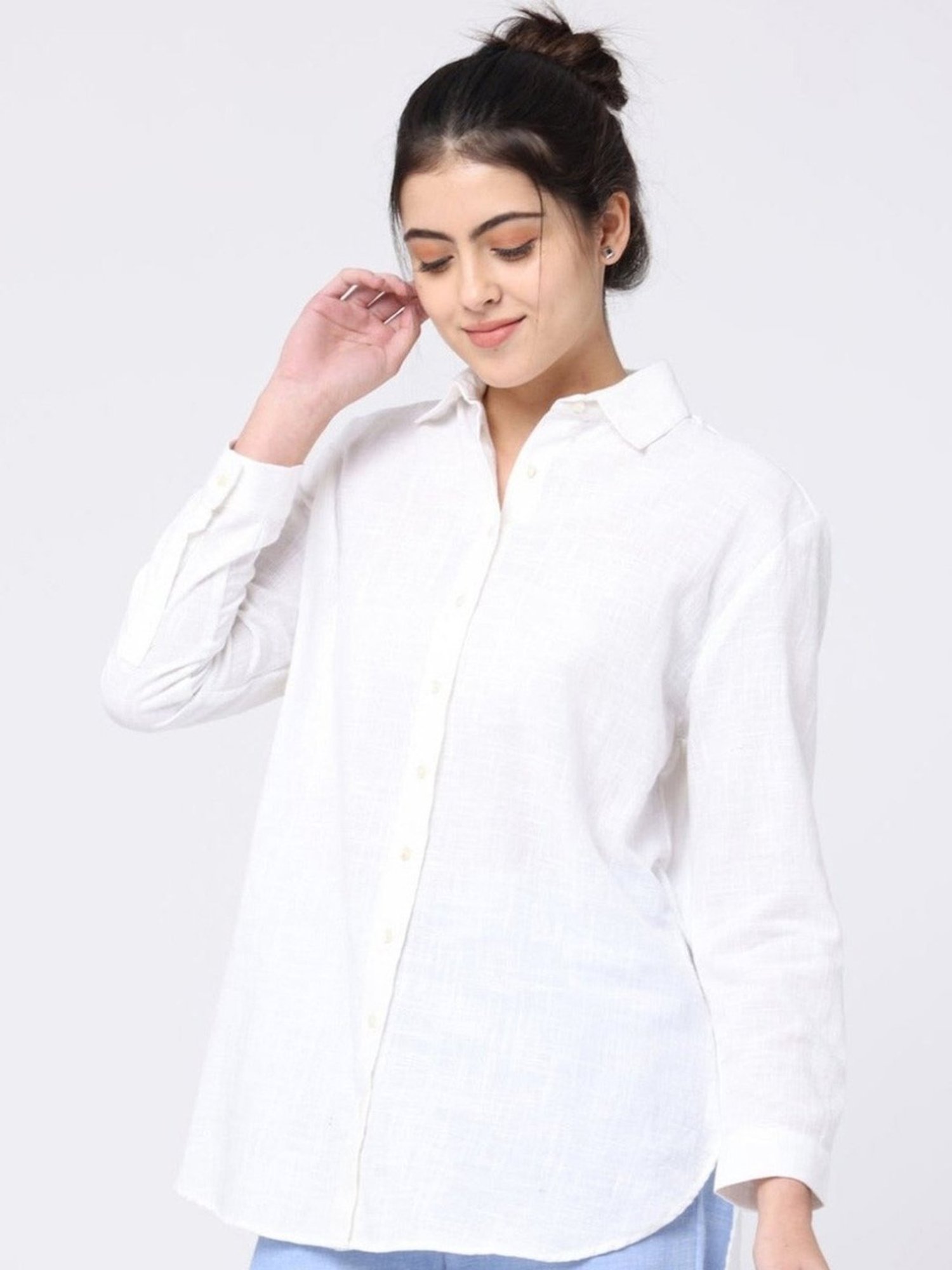 Saltpetre Elegant LInen White Shirt with Navy Blue Wide leg Trousers Co-ord Set