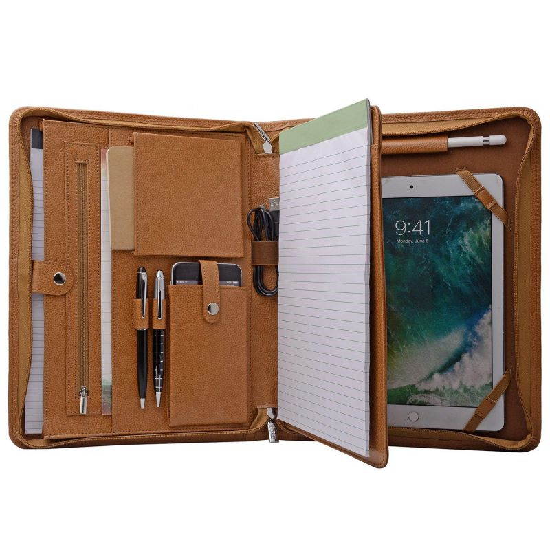 Genuine Leather Portfolio Organizer Padfolio for iPad Pro 9.7 inch, A4 Portfolio for Notepad, Brown