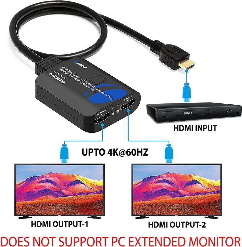 OREI 4K 1 in 2 Out HDMI Splitter 4:4:4 8-bit - HDMI 2.0, HDCP 2.2, 18 Gbps, 4K @ 60Hz HDMI Duplicator/Distributor UltaHD High Resolution Down Scaler 1x2 (UHDS-102C)