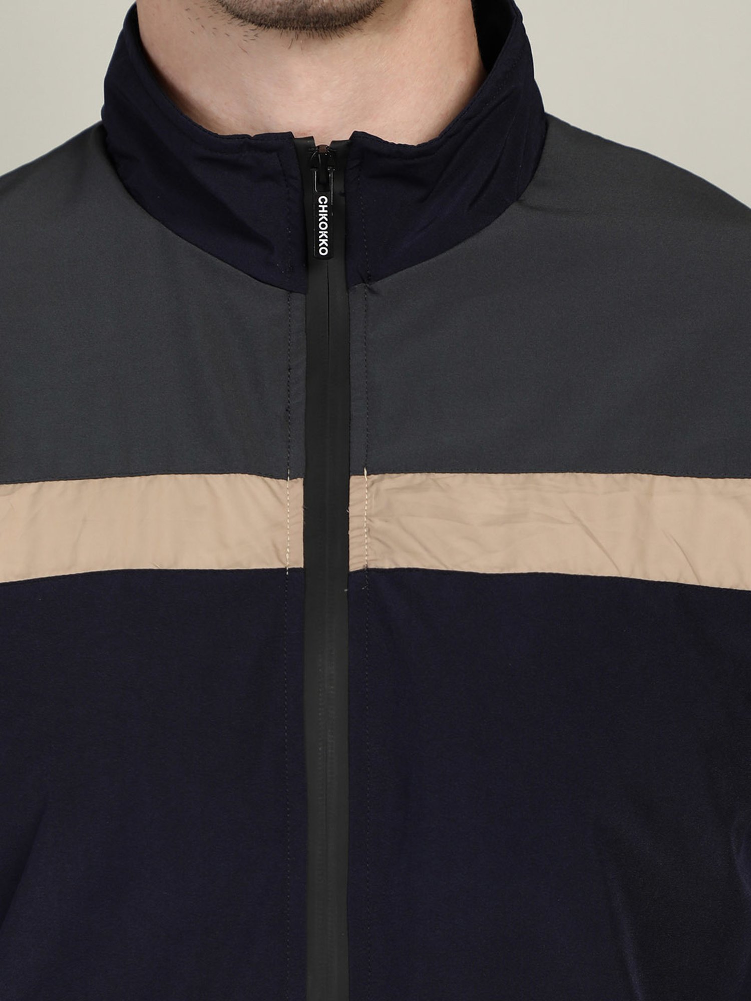 Chkokko Dark Grey & Navy Regular Fit High Neck Wind Cheater Jacket