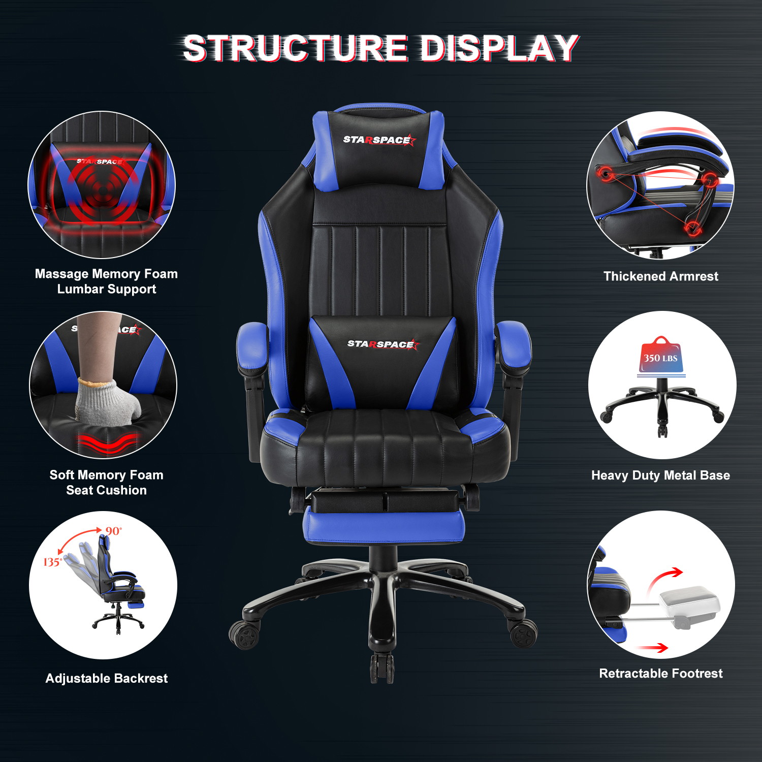 STRASPACE Big & Tall 400lb Memory Foam Reclining Gaming Chair Metal Base - Adjustable Back Angle and Retractable Footrest Ergonomic High-Back Leather Racing Executive Computer Desk Office Chair, Blue