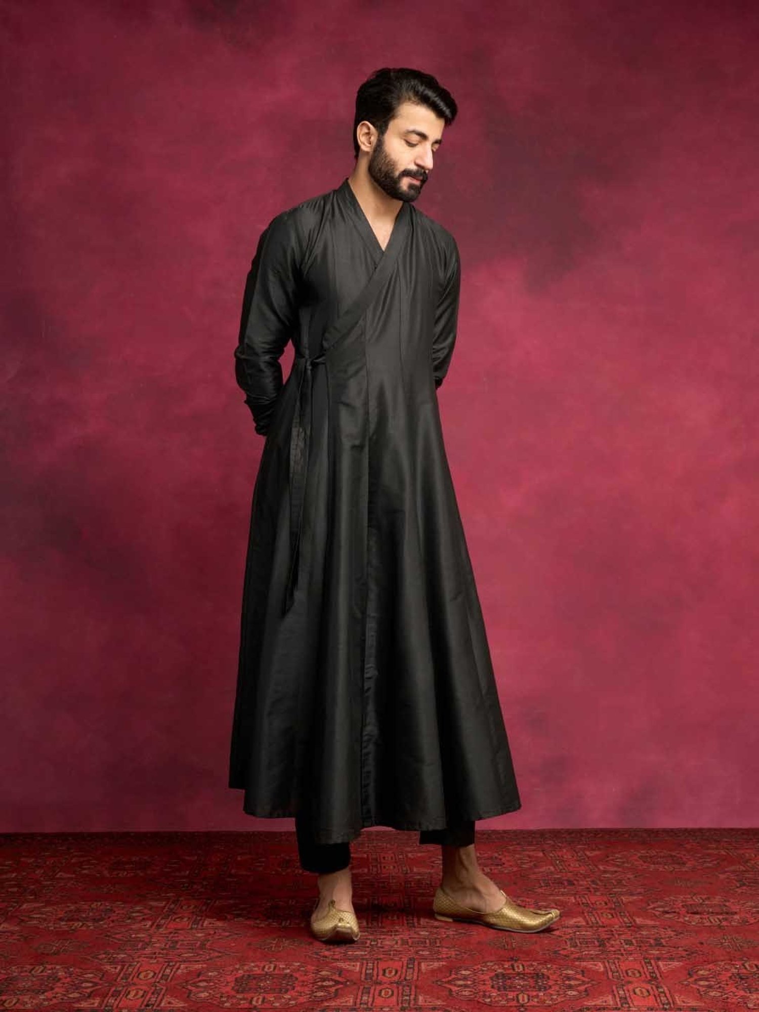 Abhishti Black Comfort Fit Paneled Angrakha Kurta & Straight Pants Set