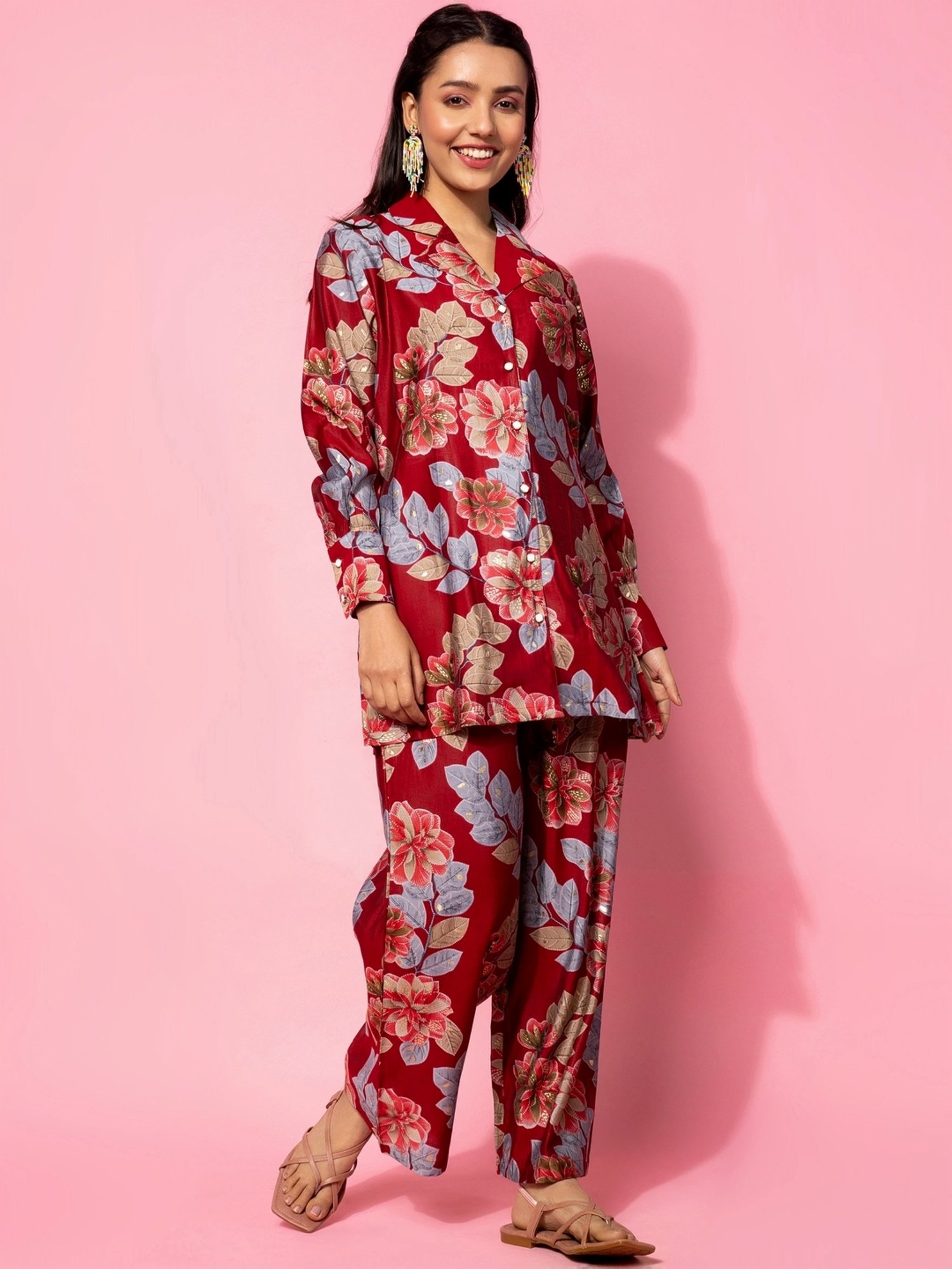 Libas Maroon Printed Silk Blend Co-Ords