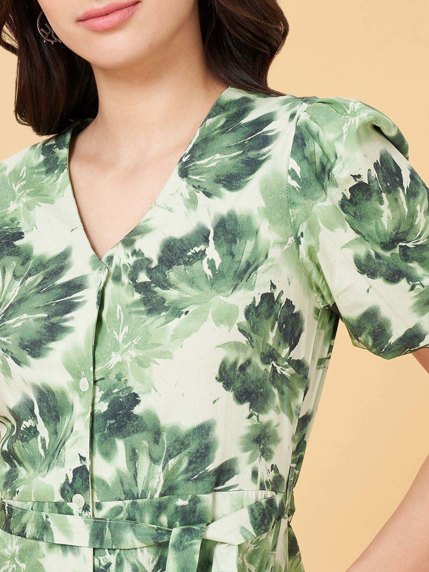 Honey by Pantaloons Green Cotton Printed A-Line Dress