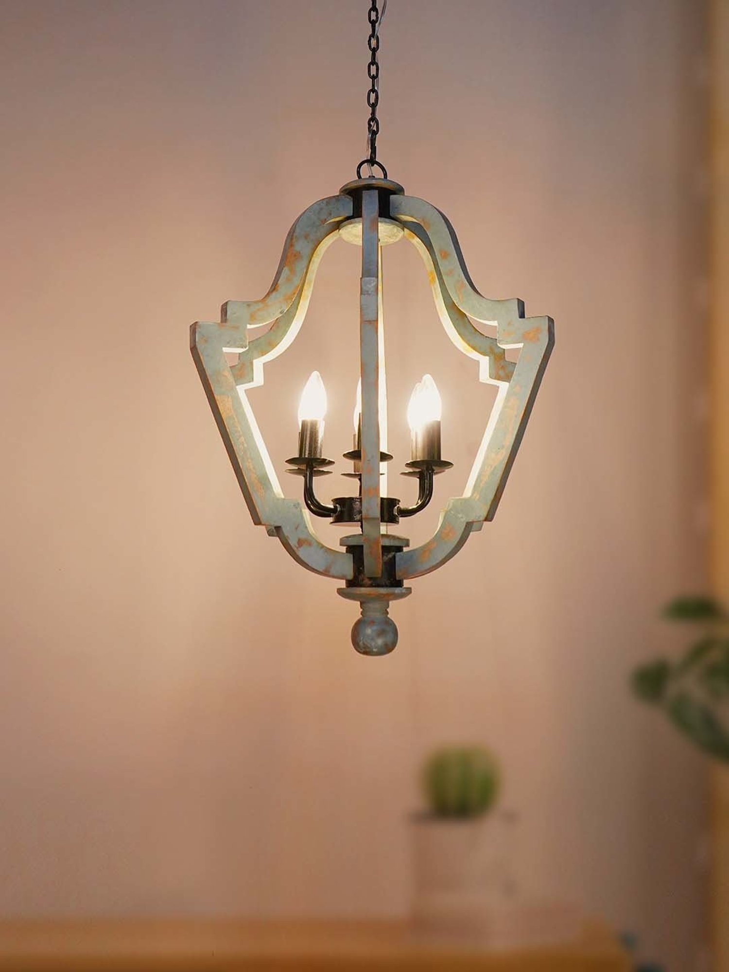 FOS LIGHTING Distressed Grey & Transparent Wood 6-In-1 Farmhouse Lantern Pendant Chandelier