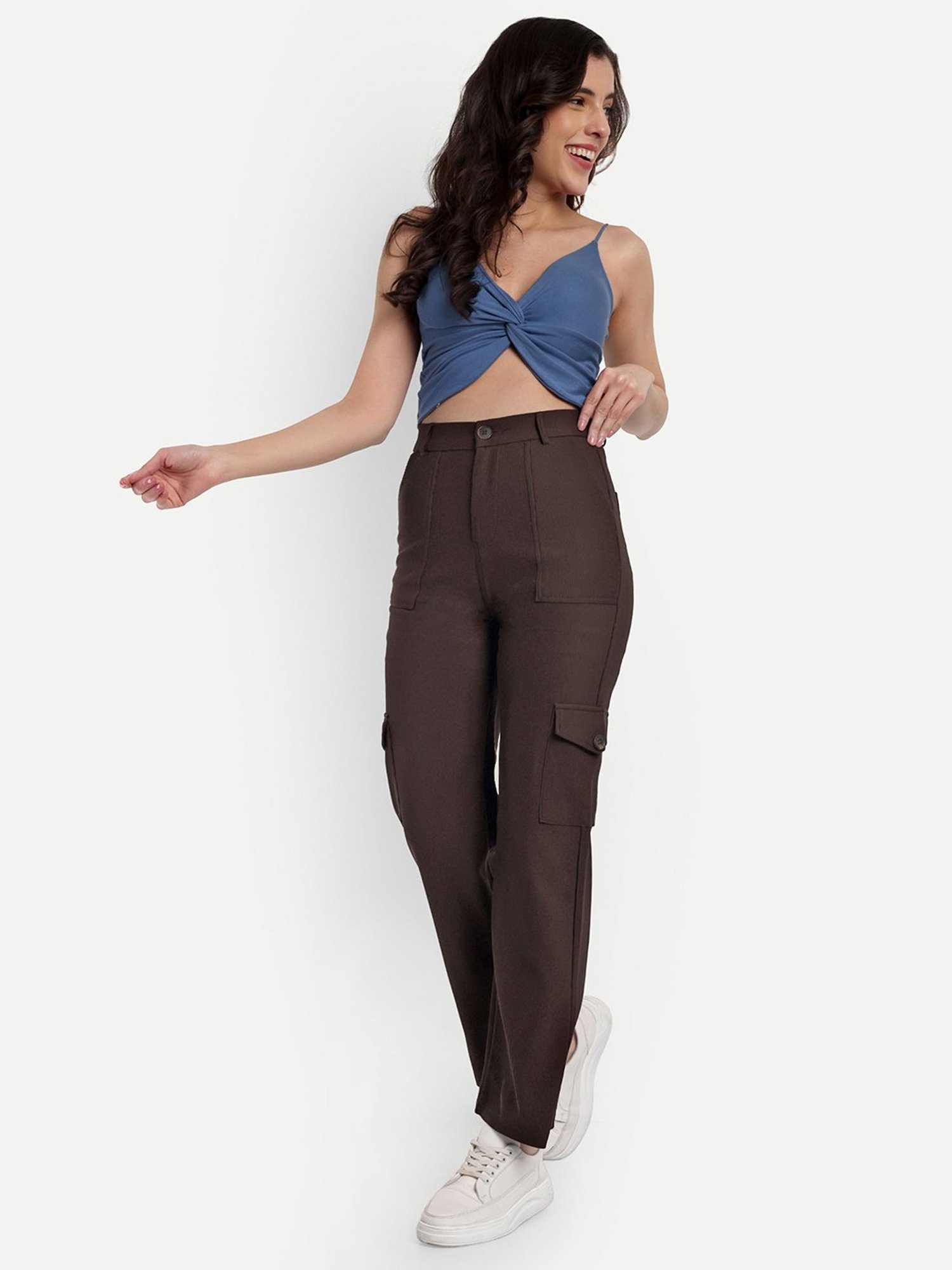 Broadstar Brown Straight Fit High Rise Cargo Pants