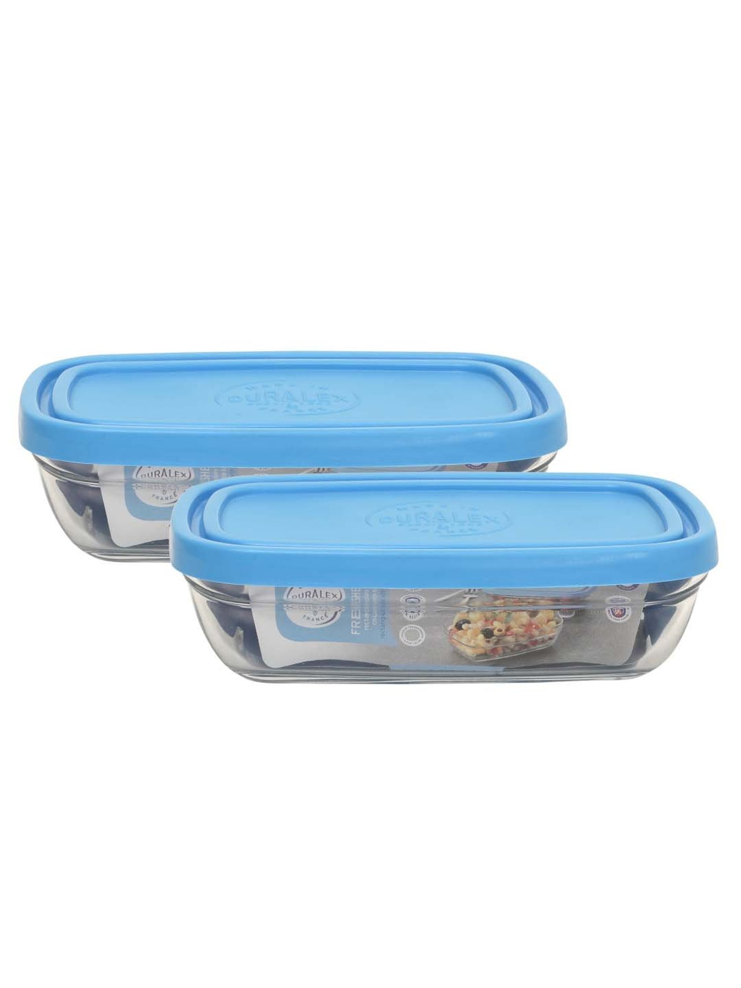 Duralex 'Freshbox' Transparent & Blue Glass 15 cm Container With Lid (0.37 L) - Set of 2