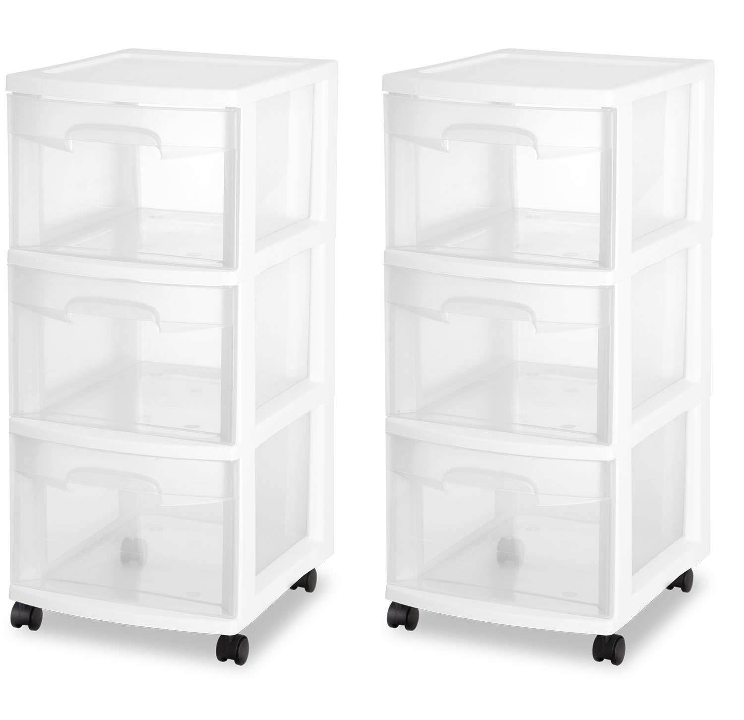 STERILITE 3 Drawer Cart, White Frame with Clear Drawers and Black Casters, (2-Pack)